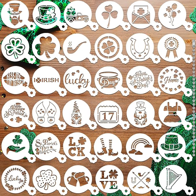 JULBEAR 36 Pieces Reusable St Patrick's Day Cookie Cake Stencils Templates Mold Tools for Cookies DIY Holiday Baking Painting Dessert Coffee Irish Face Painting St Patrick's Party Decoration