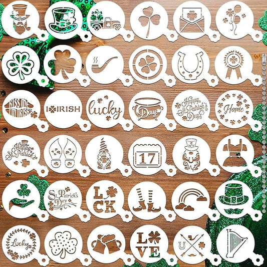 JULBEAR 36 Pieces Reusable St Patrick's Day Cookie Cake Stencils Templates Mold Tools for Cookies DIY Holiday Baking Painting Dessert Coffee Irish Face Painting St Patrick's Party Decoration