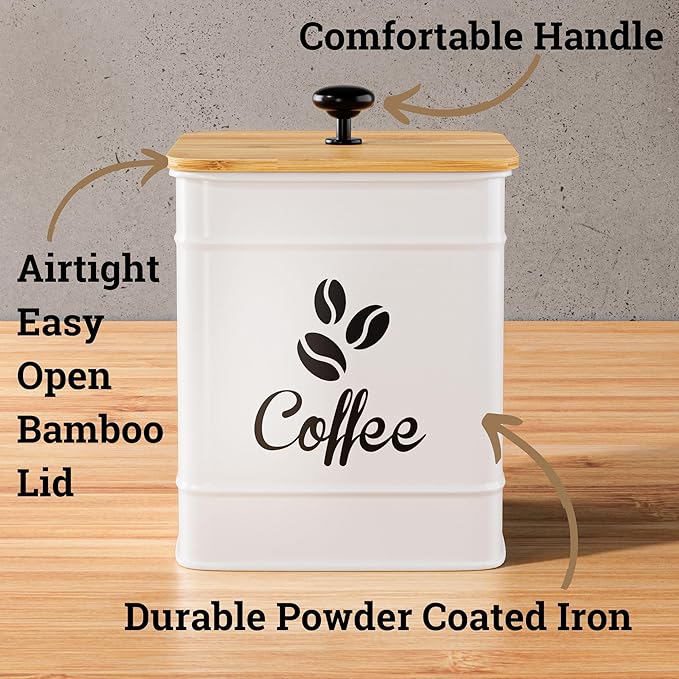 Airtight Coffee Canister - 40 oz Large Iron White Coffee Container Airtight - 6 x 8 inch Metal Jar - Stylish Countertop Container for Coffee Grounds, Beans, Pods & More with Rubber-Lined Bamboo Lid