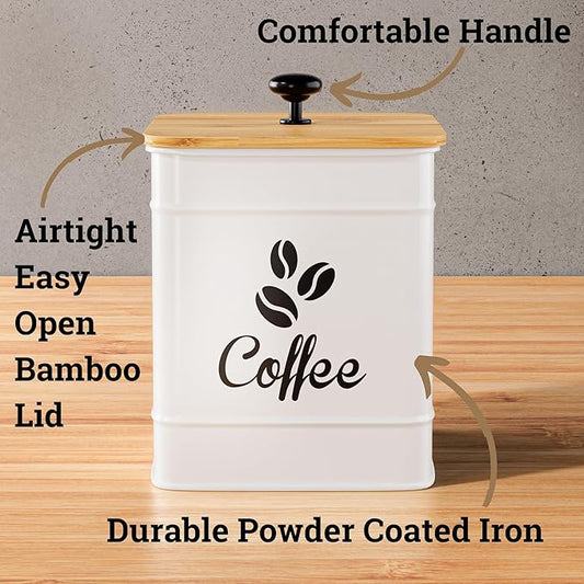 Airtight Coffee Canister - 40 oz Large Iron White Coffee Container Airtight - 6 x 8 inch Metal Jar - Stylish Countertop Container for Coffee Grounds, Beans, Pods & More with Rubber-Lined Bamboo Lid