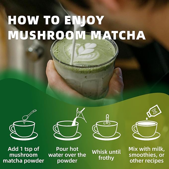 Mushroom Matcha, 10 Superfood Mushroom Powder Blend with Japanese Ceremonial Grade Matcha, Mushroom Coffee Alternative for Energy, Focus, Immunity
