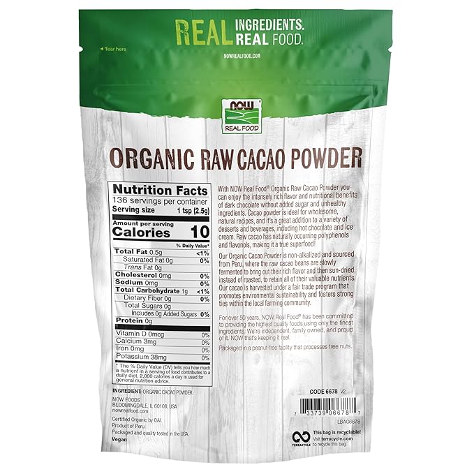 NOW Foods, Organic Raw Cacao Powder, with Polyphenols and Flavonols, Sun-Dried, Intensely Rich Flavor, 12-Ounce (Packaging May Vary) (Pack of 2)