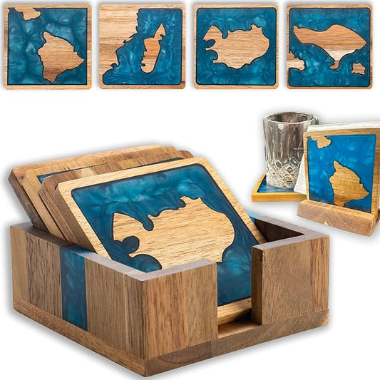 4Pcs Drink Coaster Set with Napkin Holder Conversion Base Acacia Wood with Unique Resin Island Design for Kinds of Cups Tabletop Protection and Decor for Coffee Table Ideas for Gifts