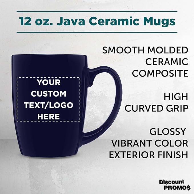 DISCOUNT PROMOS Custom Curved Java Coffee Mug 12 oz. Set of 10/50/100 - Personalized Bulk Pack - Stoneware Restaurant Cups - Cobalt Blue