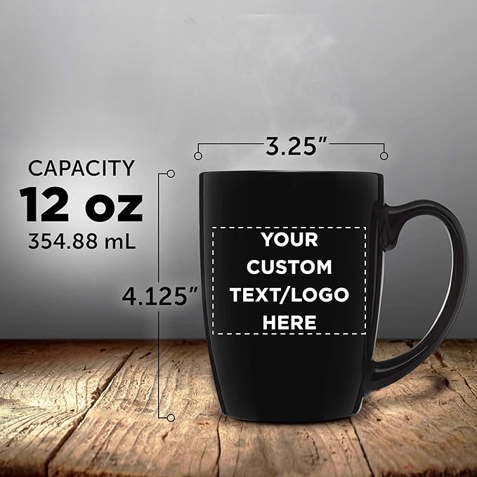 DISCOUNT PROMOS Custom Curved Java Coffee Mug 12 oz. Set of 10/50/100 - Personalized Bulk Pack - Stoneware Restaurant Cups - Black