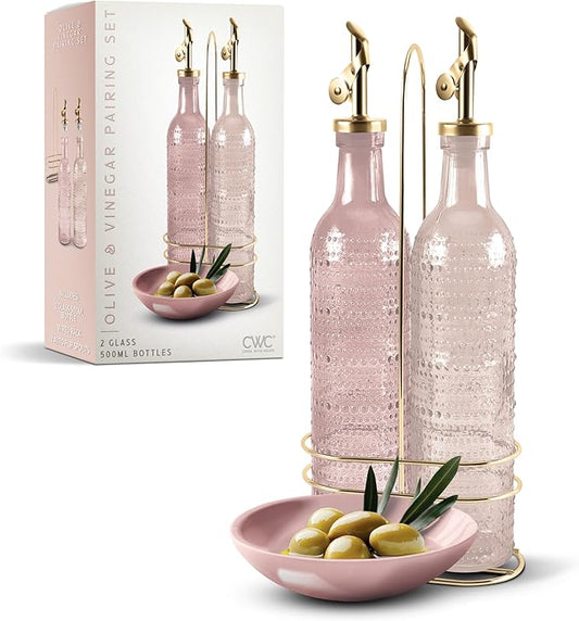 COOK WITH COLOR Glass Olive Oil Bottle Dispenser - 2 Pack- 17oz Oil and Vinegar Cruet - Olive Oil Carafe Decanter for Kitchen, Champagne Bubbles, Pink