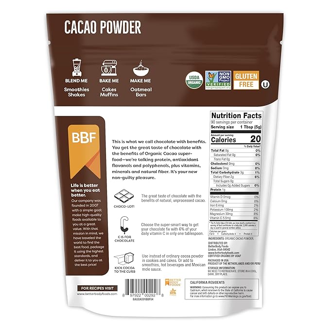 BetterBody Foods Organic Cacao Powder, Rich Chocolate Flavor, Non-GMO, Gluten-Free, Cocoa, 16 ounce, 1 lb bag (Pack of 2)