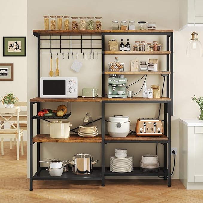 iabifo L-Shaped Bakers Rack with Power Outlet, 6-Tier Microwave Stand with Open Storage, Coffee Bar with Hooks, Mesh Grid, Kitchen Shelf with Wire Basket, Rustic Brown and Black