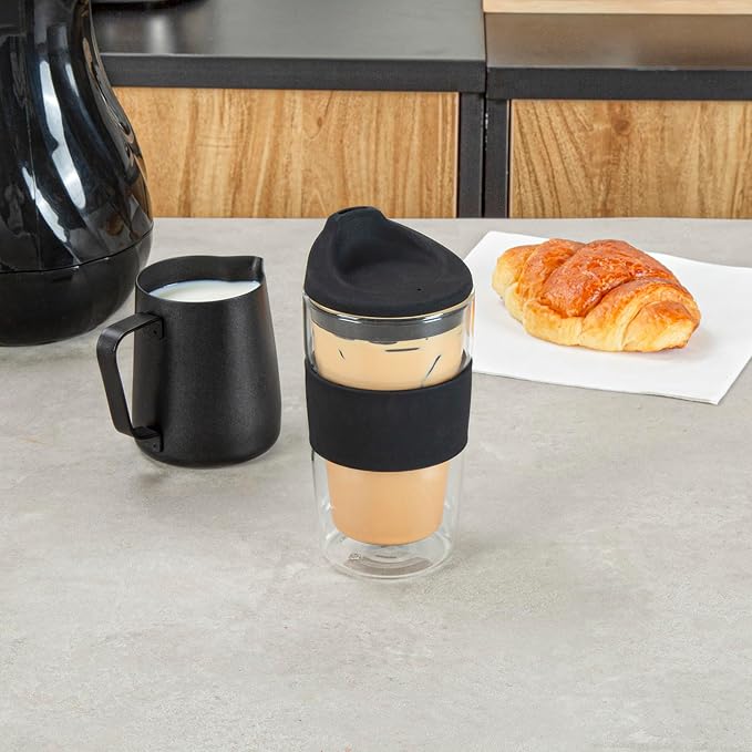 Restaurantware - Forma Professional 11.8 Ounce Insulated Travel Mugs, 10 Double Wall Coffee Mugs - Includes Lids And Sleeves, Reusable, Clear Borosilicate Glass Tumblers, Dishwashable, Microwavable