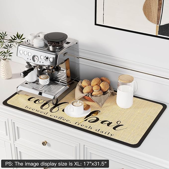 DK177 Coffee Mat - Dish Drying Mat for Kitchen Counter, Hide Stain, Absorbent with Waterproof Rubber Backing, Fit Kitchen Dish Rack Bar Accessories (Coffee Bar, 31.5" x 17")
