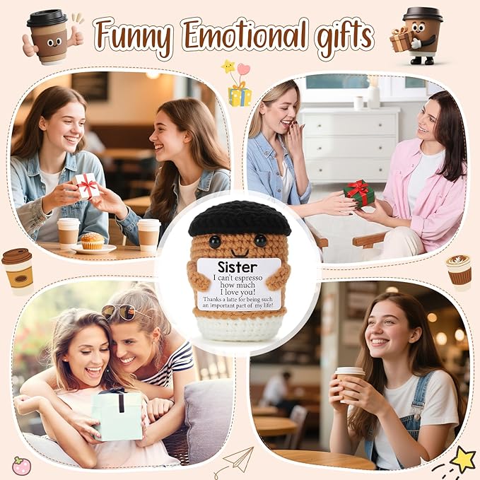 Mini Funny Coffee Sister Birthday Gifts from Sister, Graduation Soul Sister Friend Gifts for Women Girls Presents, Handmade Crochet Coffee Inspirational Cheer up Emotional Gift Desk Decor