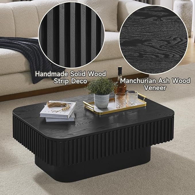 SZTHHDF Lift Top Coffee Table for Living Room,Rectangle Handmade Solid Wood Strips, Fluted Coffee Table with Hidden Storage Compartment for Small Space Office Apartment (38.6"L×26.8''W×13.8''H-Black)