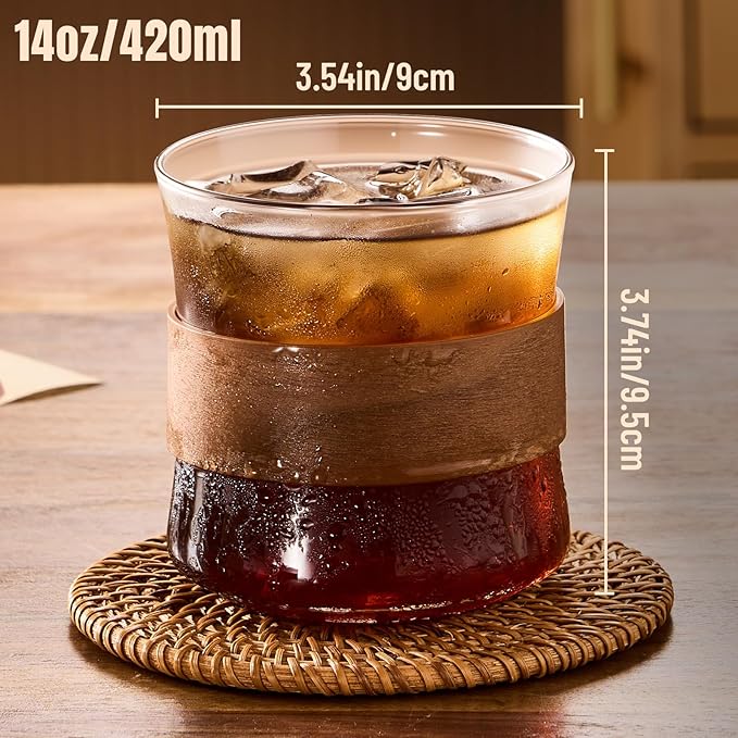 PARACITY Espresso Cups Set of 2 with Wooden Ring, 14 OZ High Borosilicate Espresso Shot Glass, Clear Small Expresso Shots Cup, Espresso Accessories
