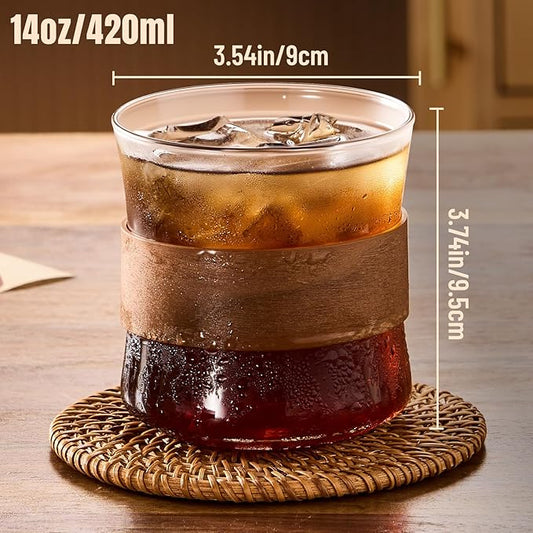PARACITY Espresso Cups Set of 2 with Wooden Ring, 14 OZ High Borosilicate Espresso Shot Glass, Clear Small Expresso Shots Cup, Espresso Accessories