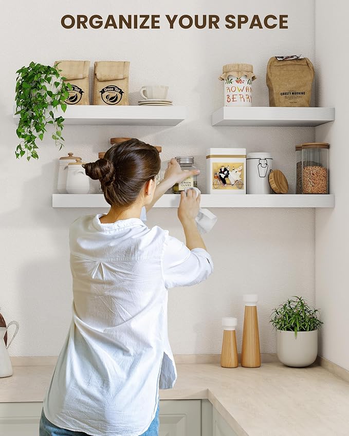 Marsmiles 36" Floating Shelves for Wall, Wooden Shelves with Invisible Brackets Set of 2, Rustic Farmhouse Wall Mounted Shelf for Kitchen Bathroom Living Room Study, White