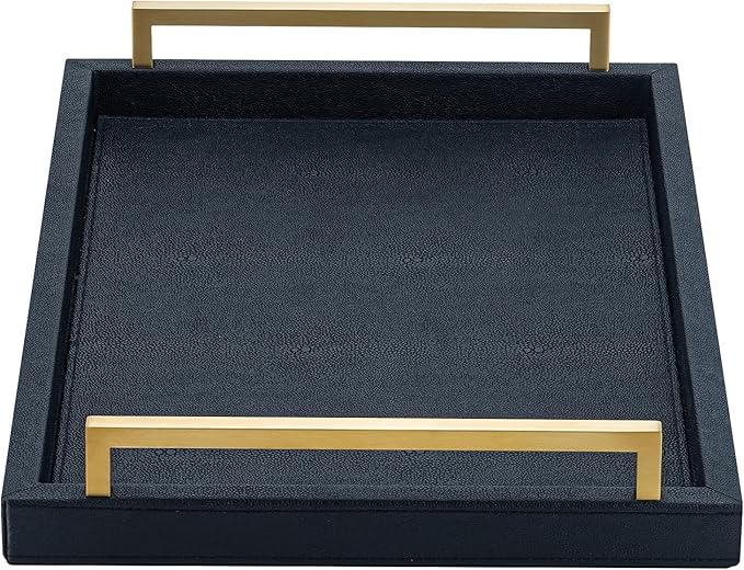 Black Faux Leather Serving Tray, 17x12 inches, Brushed Gold Handles, Decorative Tray for Ottoman Coffee Table, Living Room, Kitchen, Bathroom