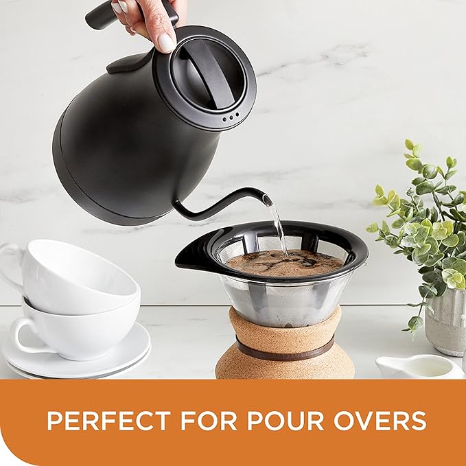 Chef'sChoice Electric Kettle Gooseneck Style Perfect for Pour-Overs Stainless Steel Construction 1200 Watts with Auto-Shutoff & Boil-Dry Protection, 1-Quart, Black