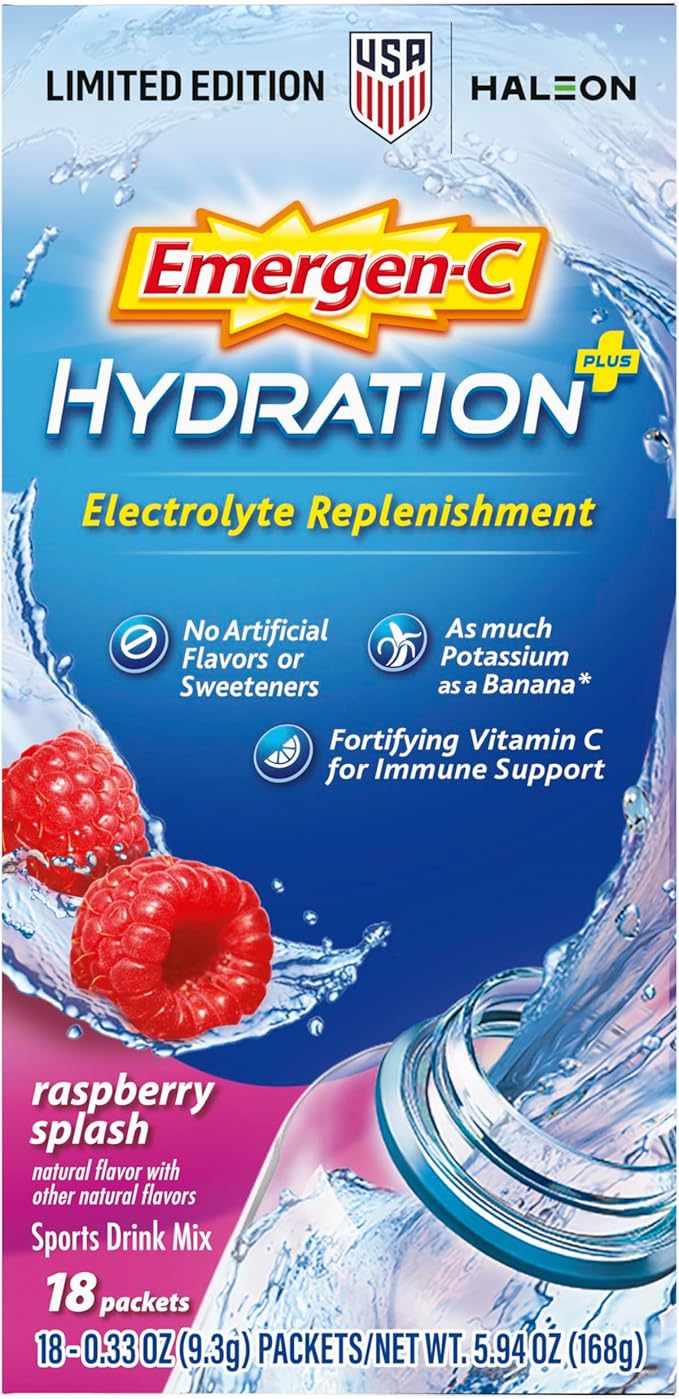 Emergen-C Hydration+ Sports Drink Mix with Vitamin C (,Raspberry Flavor),Electrolyte Replenishment,0.33 Ounce Powder Packets,(Pack of 36)