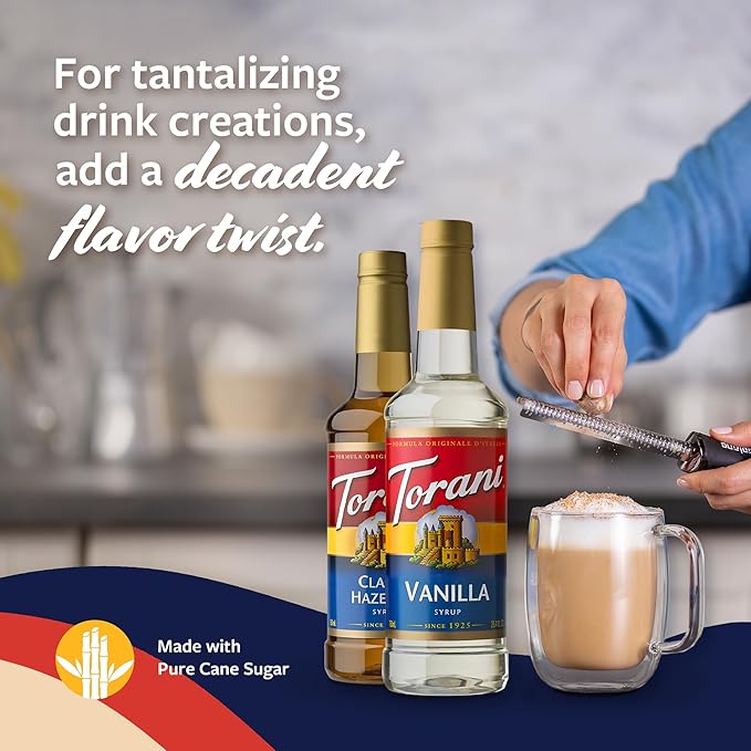 Torani Syrups, Classic Hazelnut and Vanilla Syrup Variety 2-Pack, Coffee Syrups for Drinks, Pumps Included, 25.4 Fl Oz Ea