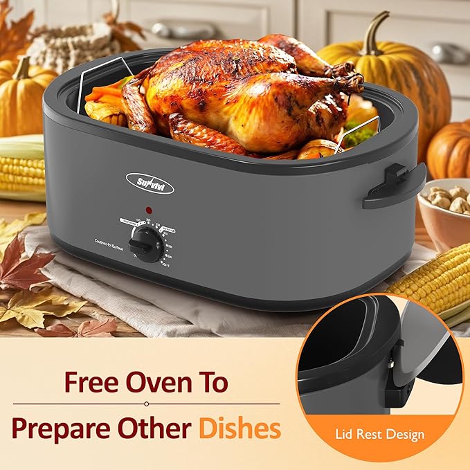 Sunvivi Electric Roaster, 28-Quart Electric Roaster Oven featuring a Glass Lid, Ideal for Turkey Roasting with Self-Basting Cover, Detachable Pan, Cool-Touch Handles, Grey