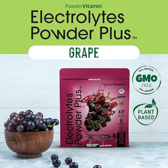 PowderVitamin Electrolytes Powder Plus (50 Servings) Grape Electrolyte Powder Zero Calorie Keto, 0 Sugar, No Maltodextrin,1000mg Potassium,120mg Calcium,120mg Magnesium, Hydration Powder