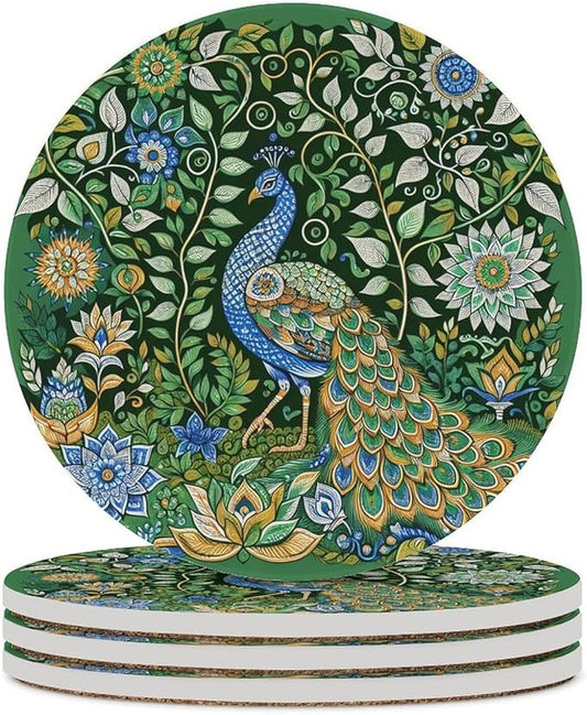 Peacock Drink Coasters, Round Ceramic Drink Coaster Round-4PCS, Beautiful Green Plant Floral Peacock Boho Art Pattren Decor Absorbent Ceramic Coasters for Beverage Cup, Bar, Coffee Table
