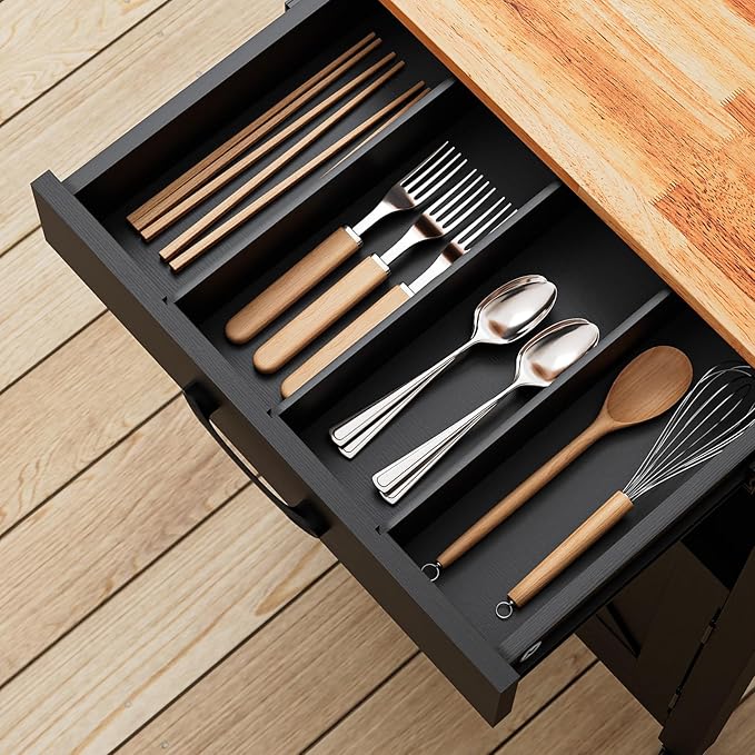 VINGLI Rolling Kitchen Cart with Storage Cabinet & Drawer, Compact Kitchen Island on Swivel Wheels, Small Kitchen Cart with Side Hooks & Towel Rods, Black