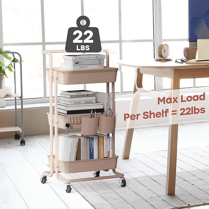 DTK 3 Tier Rolling Utility Cart with Cover Top Board, Movable Kitchen Storage Cart Trolley with Lockable Wheels, Cups, Hooks for Kitchen Bathroom Home Office Art Craft Storage and Organization(Pink)