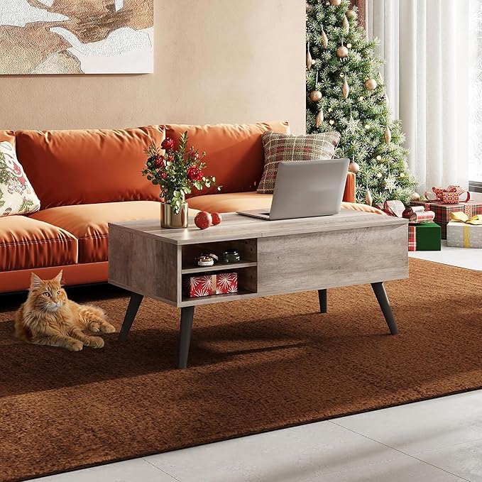 WLIVE Lift Top Coffee Table for Living Room,Small Coffee Table with Storage, Adjustable Shelf and Storage Compartment, Mid Century Modern Living Room Table, Greige