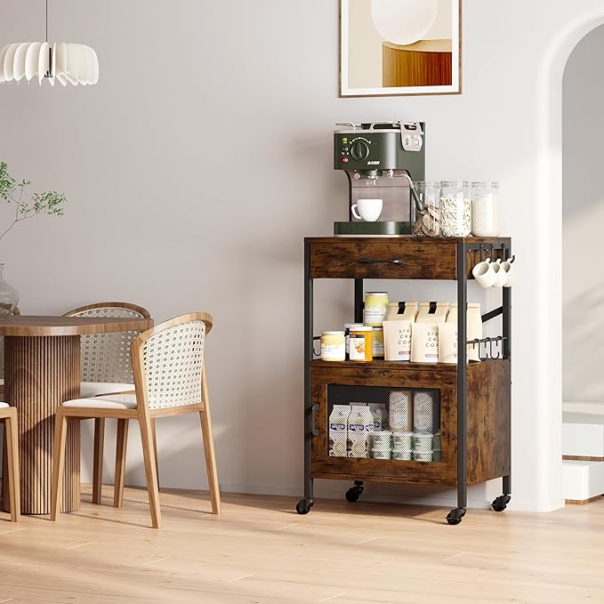 Homeiju Kitchen Island Cart, Kitchen Storage Cart with Drawer, Microwaves Stand, Coffee Cart, Rolling Kitchen Cabinet Cart with Hooks for Kitchen, Dining Room
