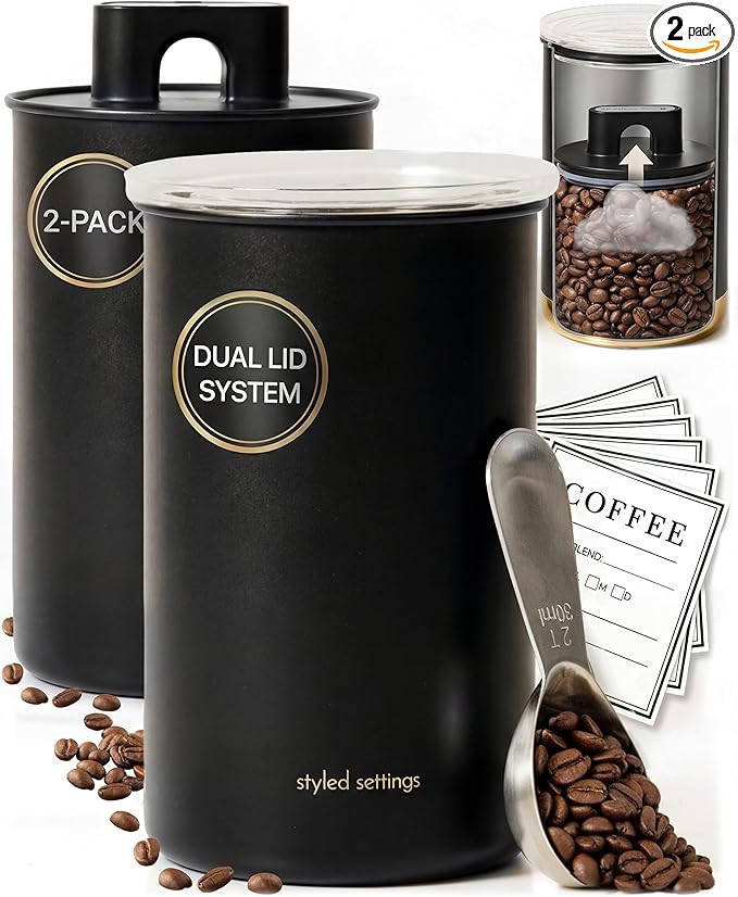 STYLED SETTINGS Vacuum Seal Coffee Bean Container Set – 2-Piece Stainless Steel Coffee Canisters with Scoop and Labels, Matte Black Dual-Lid Airtight Design, 1.5 lb Capacity Each - Coffee Gift Ideas