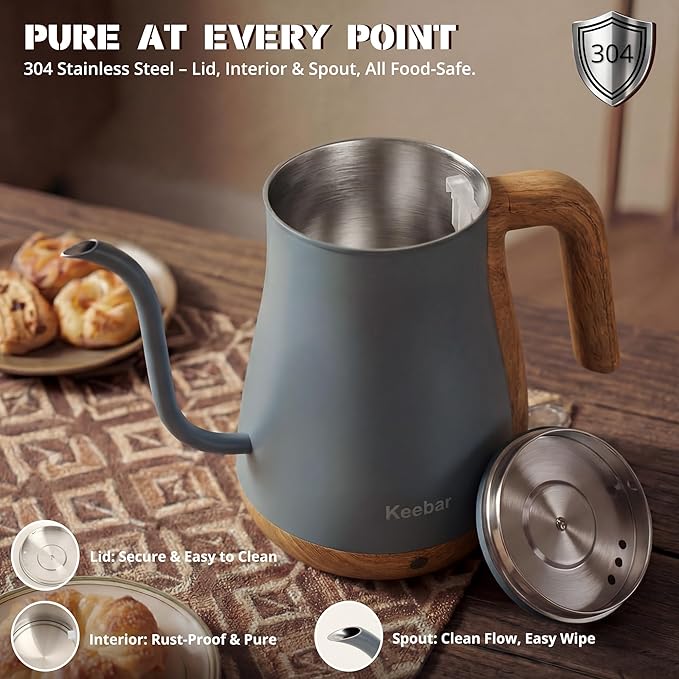 Gooseneck Electric Kettle, Electric Tea Kettle Stainless Steel, Electric Kettle for Coffee, 1000W Kettle Electric Auto Shut Off, 0.8L, Wood-like Grain Finish Handle, Gray