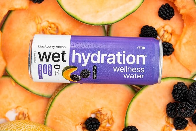 Wet Hydration | Functional Wellness Water, Non-Carbonated - Blackberry Melon (12 Ounce Cans, Pack of 12) - Flavored Water, Hydration Drink, No Sugar, No Artificial Ingredients, Zero Calories (Packaging May Vary)