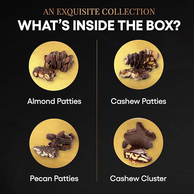 Nut Clusters Chocolate Gift Box - Assorted Caramel Brittles, Pecan Patties, Almond & Cashew Clusters, Kosher Dairy Free Nuts and Chocolates Basket, Dark Chocolate Covered Nuts Holiday Baskets Gifts