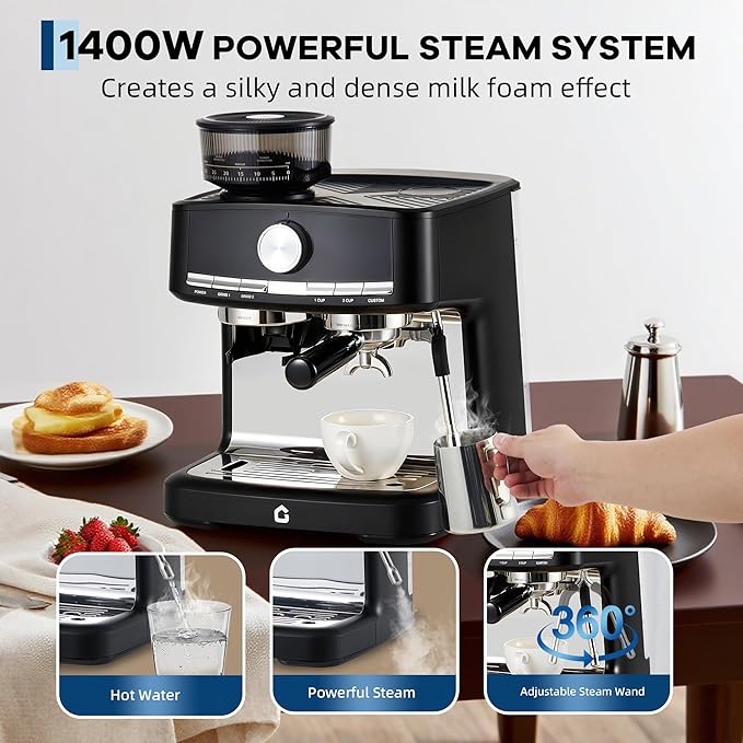 Garvee 20 Bar Pressure Stainless Steel Espresso Machine with Grinder, 1.5L Removable Water Tank, Milk Frother Steam Wand for Latte/Cappuccino - Adjustable Shot Volume, Professional Home/Office Use