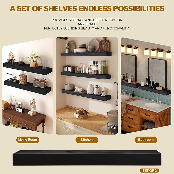 Floating Shelves 3 inch Thick for Wall Set of 2,Solid Pine Wood Wall Mount Shelf for Kitchen Living Room Bedroom Bathroom,8" D x 24" L x 3" H-Black