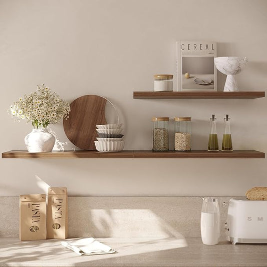 Wall Shelf Set of 2, Walnut Floating Shelves 24 in W x 10 in D x 1 in H, Wooden Floating Wall Shelf with Invisible Brackets for Living Room/Bedroom/Bathroom/Kitchen Storage and Decor