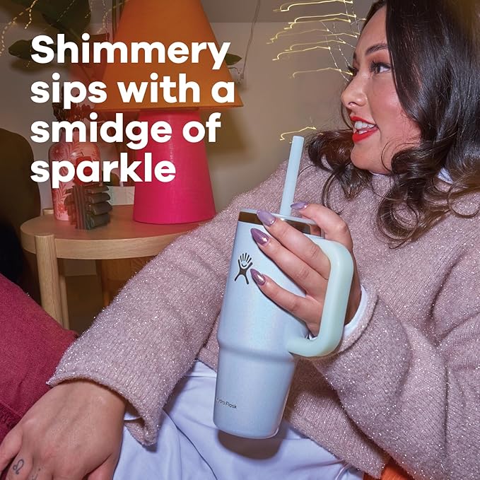 Hydro Flask Travel Tumbler with Handle, Lid and Straw - Insulated Stainless Steel in 24 Oz Glimmer Pink