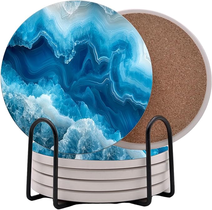 Blue Agate Marble Round Coasters Set of 6 - Abosrbent Ceramic Coasters with Metal Stand for Drinks, Coffee, Non-Slip Cork Back for Tabletop Protection, 4 Inches Marbled Pattern (Agate)