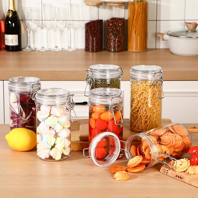 Suclain 6 Pcs 33 Oz/ 1000 ml Plastic Storage Jars with Airtight Hinged Lids, Clear Wide Mouth Food Storage Containers Empty Bottles Sealed Jars for Home Kitchen Candy Herbs Spices Coffee Nuts