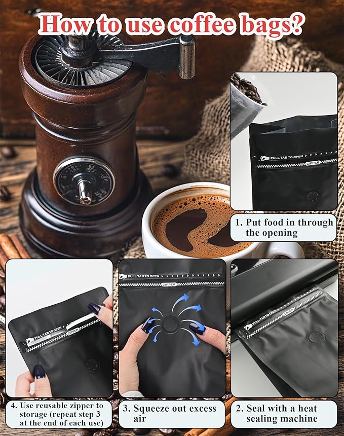 12mil Stand Up Coffee Bags, Flat Bottom Pouch with one-way Air Release Valve and Reusable Side Zipper(Black, 50PCS-Small-0.5lb/8oz/250g)