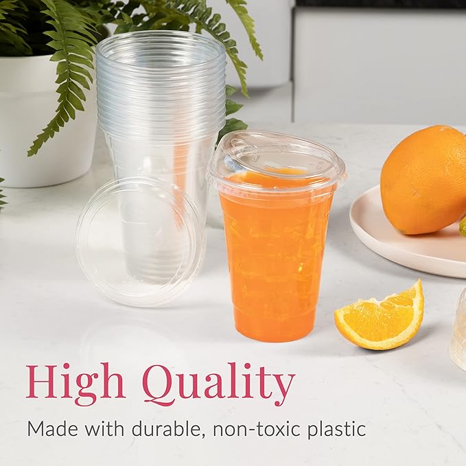 Prestee 100 Clear Disposable Iced Coffee Cups with Lids, 16oz - Plastic Cups with Strawless Sip Lids - Durable Cold Brew, Smoothie, or Beverage Cup for On-the-Go, Christmas and Holiday Party Supplies