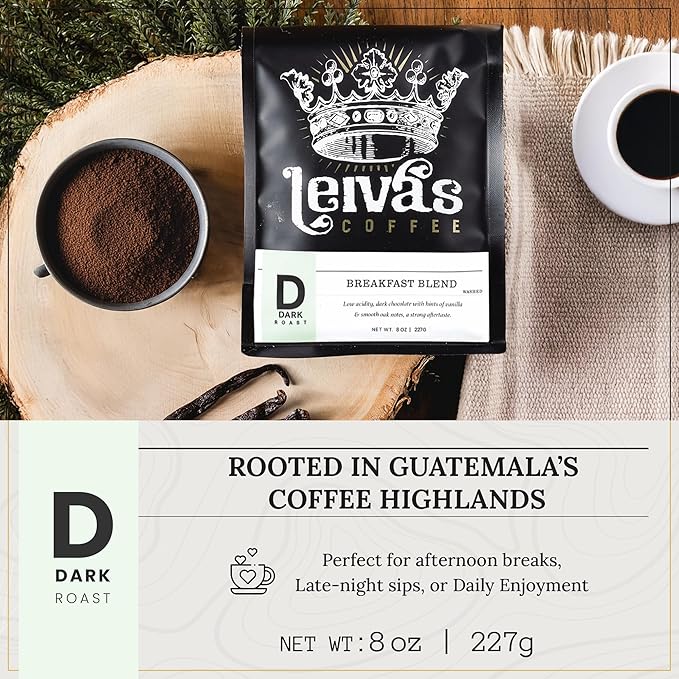 LEIVA'S COFFEE - Ground Dark Roast - Breakfast Blend - Bold, Full-Bodied Flavor - Energizing and Satisfying - 8oz