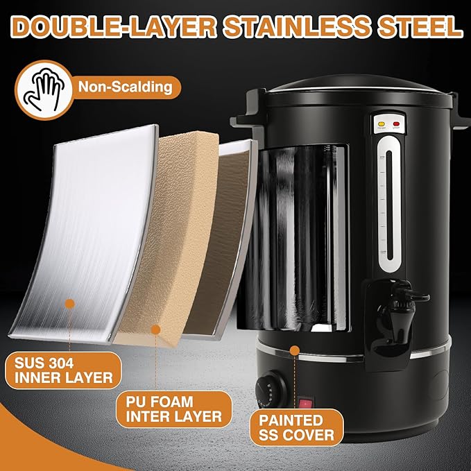 Hijolla Commercial Coffee Urn，110 Cups/16.5L Black Stainless Steel Large Coffee Dispenser，Double Wall Electric Coffee Urn，Electric Coffee Maker Urn，Commercial Percolate Coffee Maker Hot Water Urn