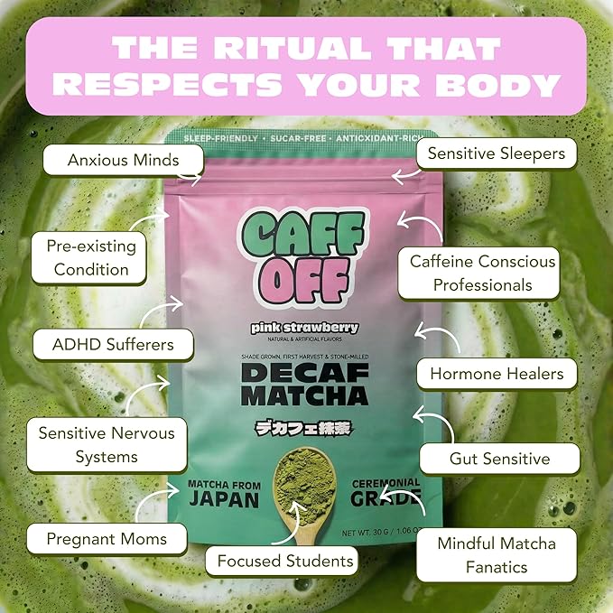 Caff Off Decaf Strawberry Matcha Green Tea Powder From Japan – 1.06 oz / 30 g – Ceremonial Grade & Sugar-Free – No Fillers or Milk Powders – Naturally Decaffeinated Without Chemicals – Tested for Heavy Metals – First Harvest, Shade-Grown & Caffeine-Fre...