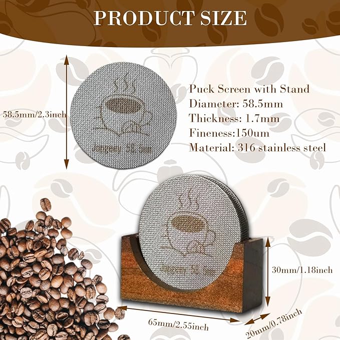 2 Packs 58.5mm Espresso Puck Screen with Stand, 1.7mm Thickness 150μm 316 Stainless Steel Reusable Coffee Filters Compatible with Espresso Machine 58mm Portafilter Basket