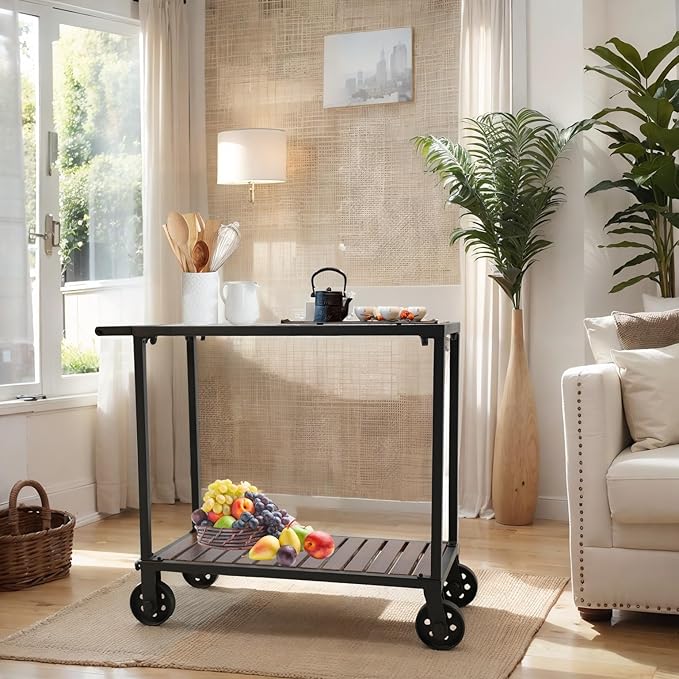 Vintage Mobile Serving Cart on Wheels Industrial 2-Tier Rolling Bar Cart for Home Kitchen Farmhouse Utility Cart for Office Wood and Metal Design with Side Handle 31.7inch Height