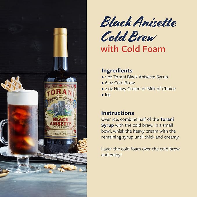 Torani Black Anisette Syrup, 100th Anniversary Flavor for Drinks, Glass Bottle with Pump Included, 25.4 Fl Oz