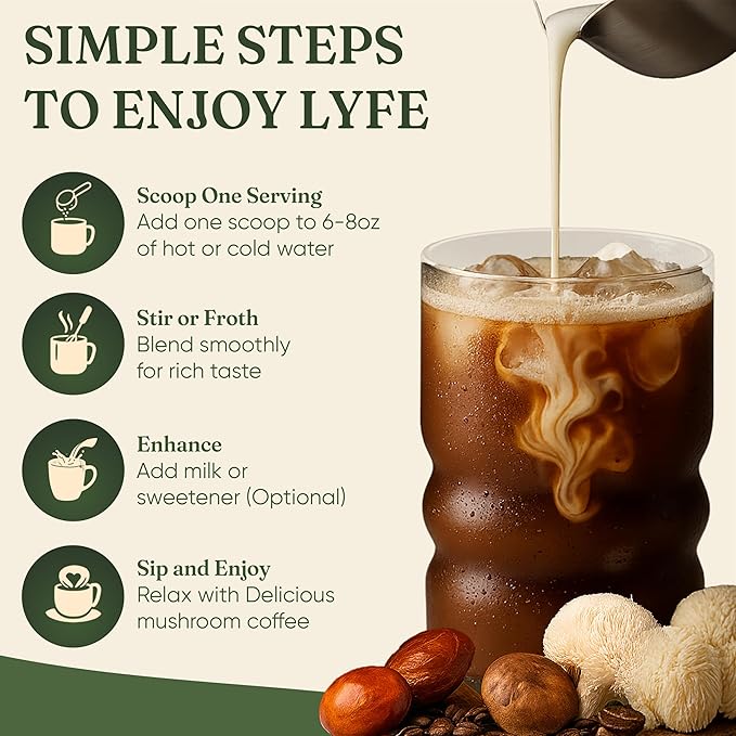 LYFE Organic Instant Mushroom Coffee, 40 Servings – Lion’s Mane, Chaga, Cordyceps & Turkey Tail | USA Grown Adaptogenic Blend for Energy, Focus & Wellness - Natural Superfood Coffee for Daily Vitality