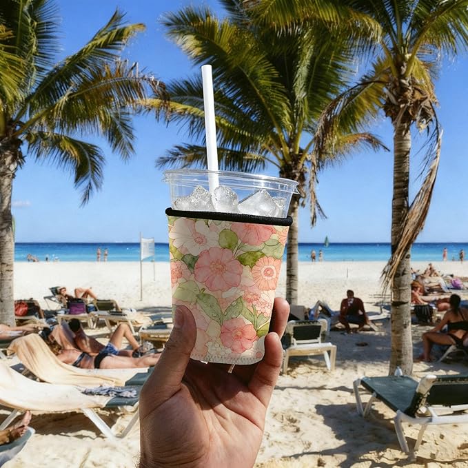 Neoprene Iced Coffee Sleeve 3 Pack, Reusable Insulated Cup Holder with Watercolor Floral Pattern, Fits 16–32 oz Tumblers, Compatible with Starbucks & Dunkin